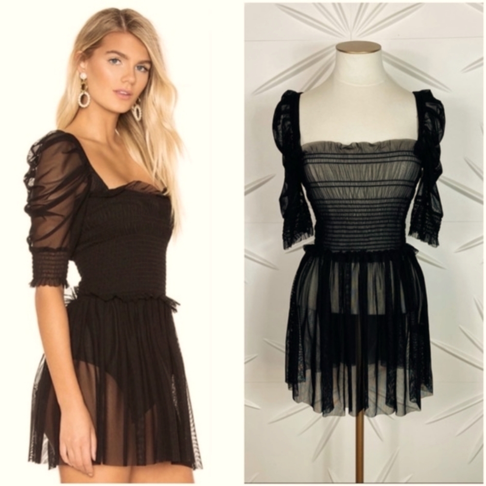Amanda Uprichard Black Mini Dress with Sheer Puff Sleeves